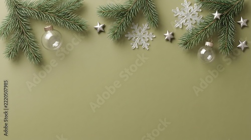 Christmas fir branches and snowflakes border on sage green background