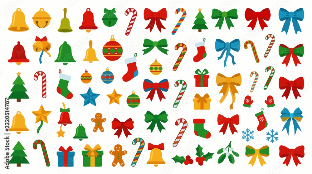 Obraz premium Christmas festive icons set with bells, trees, gifts, candy canes, and snowflakes isolated on white background christmas