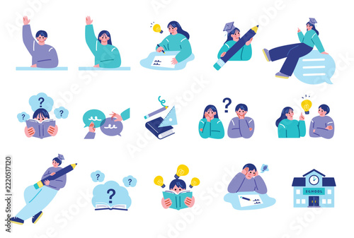 勉強する学生のイラストセット