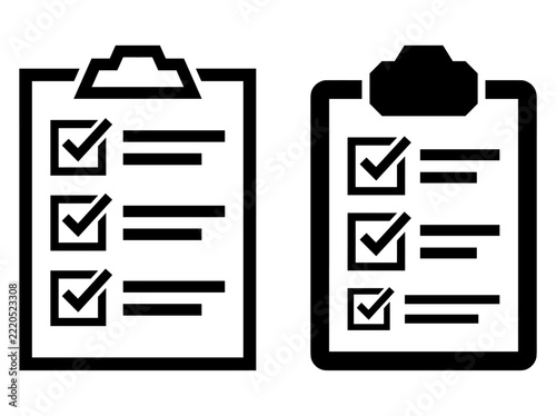 Two minimalist clipboard icons with checklists and checkmarks isolated on white background