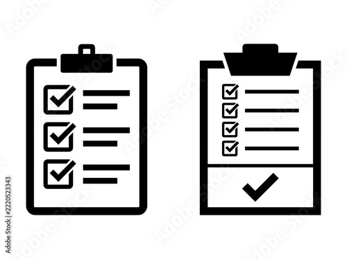 Two flat black icons of clipboards with checklist and checkmarks for business and office document management task tracking
