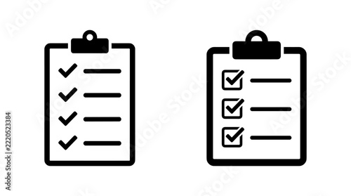 Two flat black icons of clipboards with checklist and checkmarks