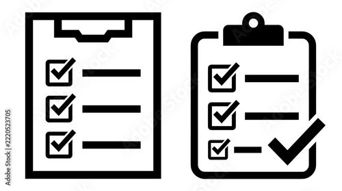 Two flat vector icons of clipboards with check marks representing task lists and completed business projects isolated on a white background
