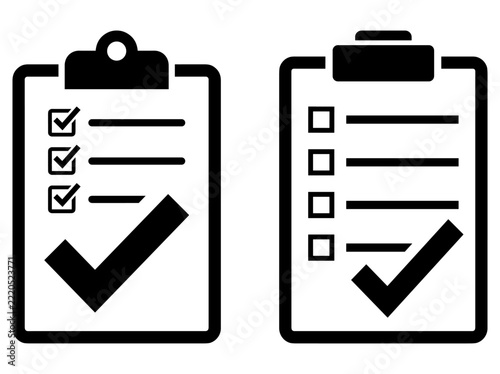 Two minimalist clipboard icons with checklist boxes and a bold checkmark symbol for professional business document and task management tasks