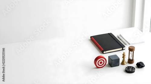Minimalist organized workspace with strategy tools and corporate planning materials, concept for business analysis, leadership roadmap, and professional decision-making