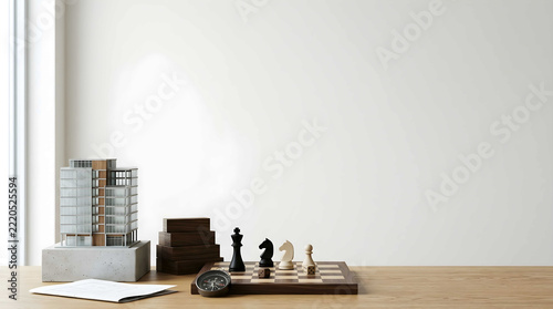 Minimalist wooden desk setup with chess pieces and notebooks, concept for strategic corporate planning, business analysis, and professional governance frameworks