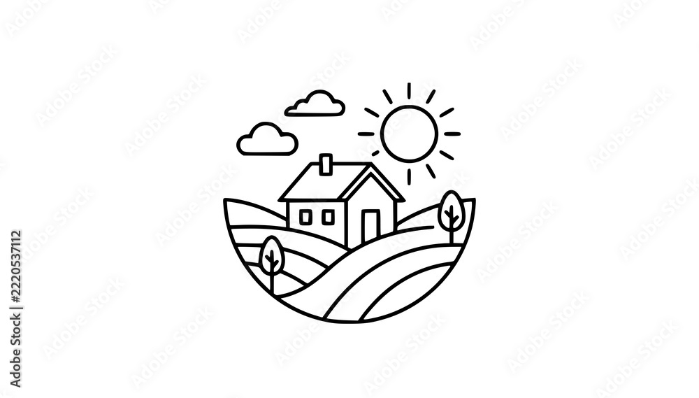 Fototapeta premium Minimalist Countryside Farmhouse Line Art Vector with Sun, Clouds, and Agriculture Fields