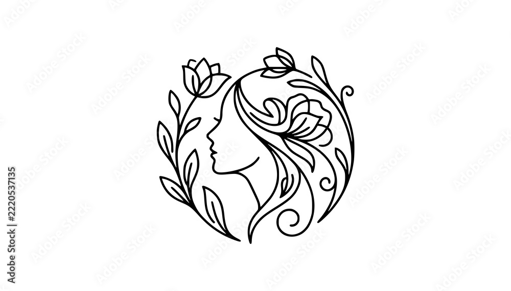 Fototapeta premium Feminine Floral Woman Head Silhouette Line Art Vector with Tulip Flowers for Wellness