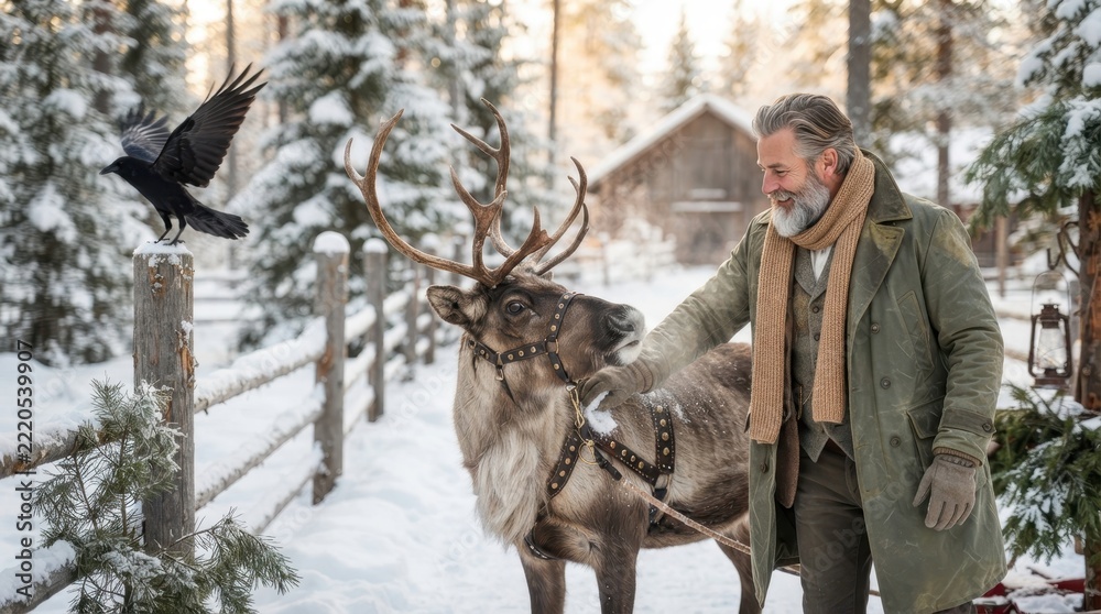 Fototapeta premium A bearded man in winter attire petting a reindeer near a wooden fence in a snowy forest setting
