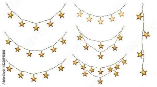 Set of glowing star fairy lights isolated on transparent background