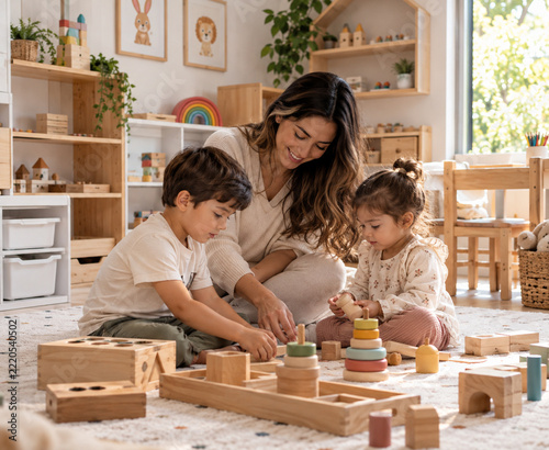 Madre jugando con sus hijos en un espacio montessori