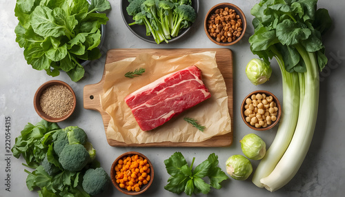 Top View of Raw Meat on Wooden Board with Vegetables and Grains