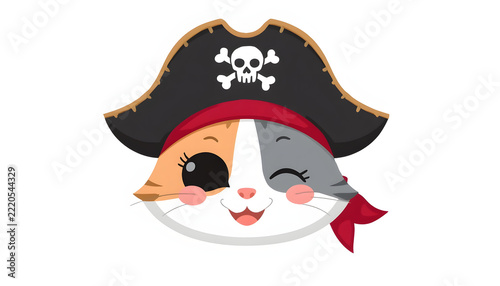 Cute Cartoon Calico Pirate Cat Face with Hat and Eye Patch