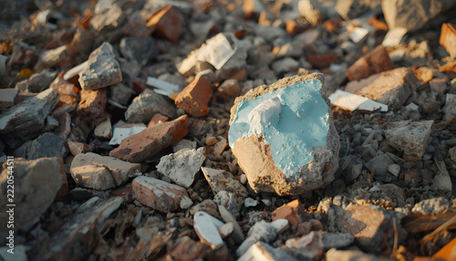 Close-Up of Construction Rubble and Painted Concrete Debris in Warm Sunlight
