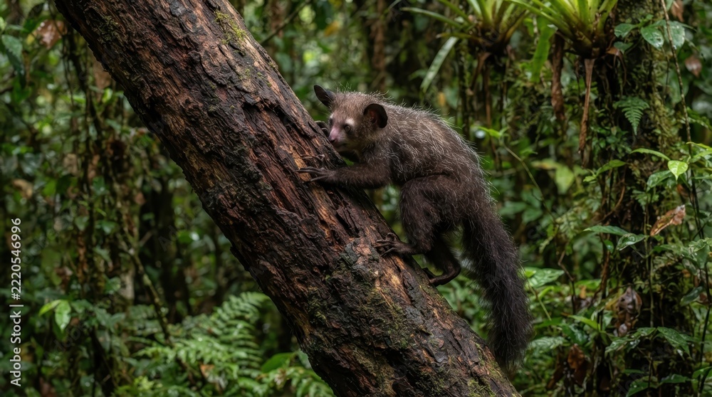 Naklejka premium Rare aye-aye lemur climbing a tree trunk in the lush green rainforest of Madagascar habitat