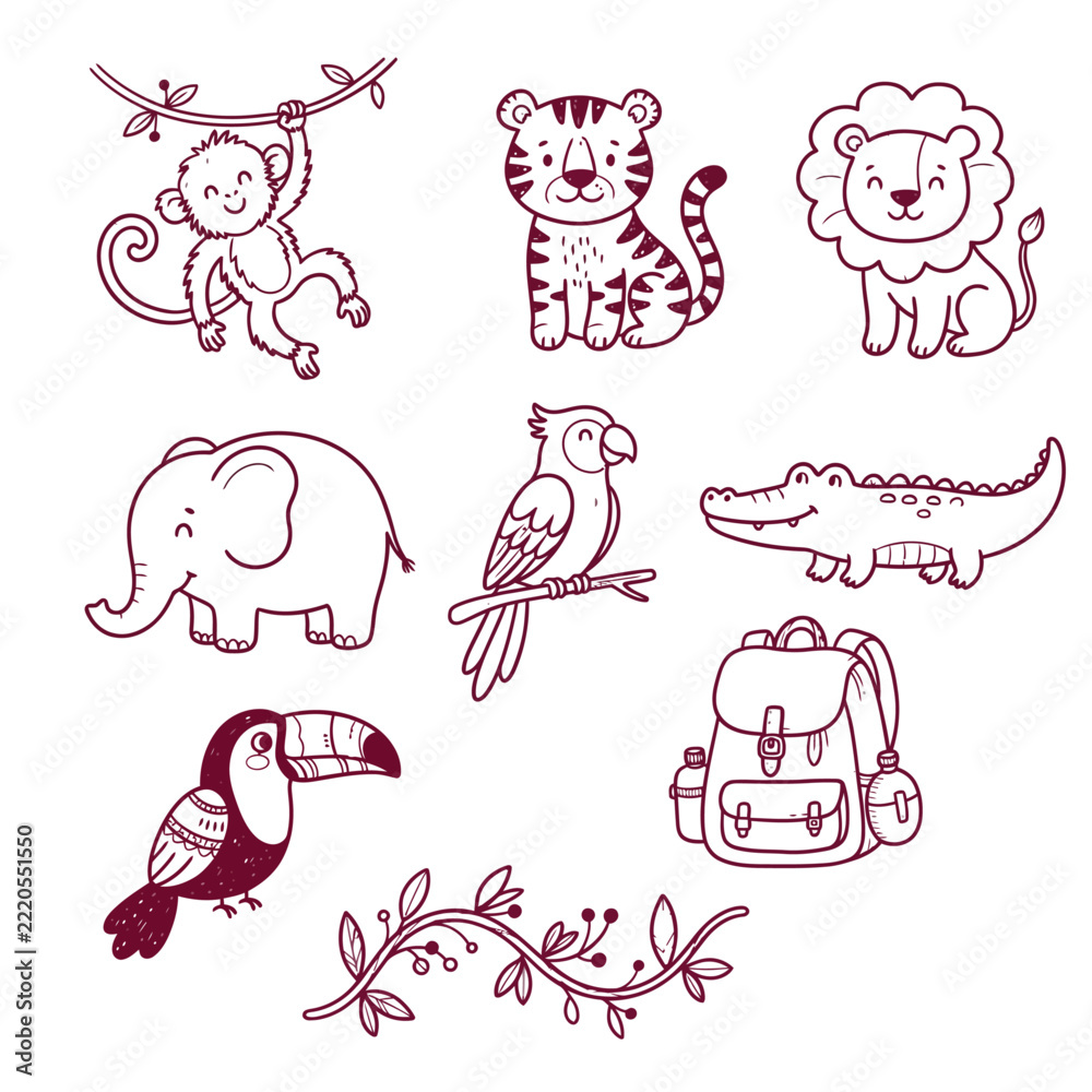Fototapeta premium Cute cartoon jungle animals and backpack on white background for children's design projects