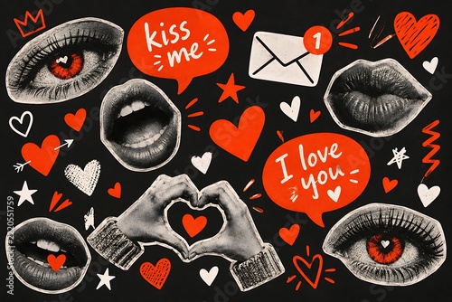 Valentine collage art set, red and black romance graphic elements, lips and eyes stickers, love concept design