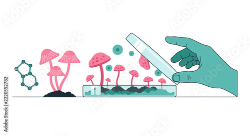 Scientific Illustration of Mycology Lab Research with Pink Mushrooms and Chemical Structures
