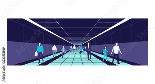 Futuristic subway tunnel with people walking on glowing grid floor vector