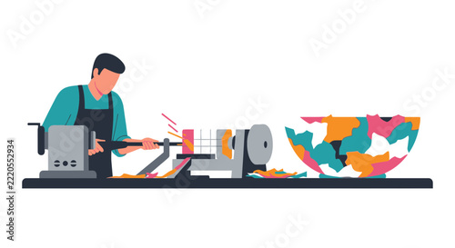 Artisan Craftsman Using Wood Lathe to Carve Colorful Decorative Bowl Illustration