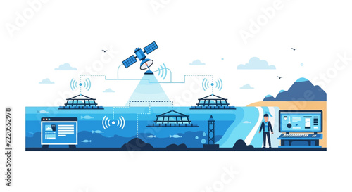Smart Aquaculture Illustration with Satellite Monitoring and IoT Fish Farming Dashboard