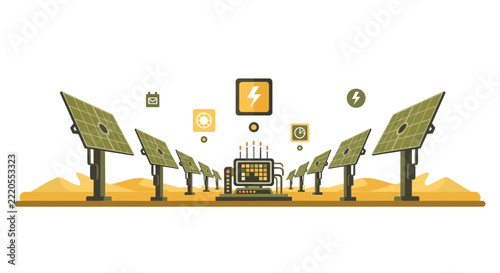 Smart Solar Panel Farm in Desert with Digital Monitoring Interface and Icons