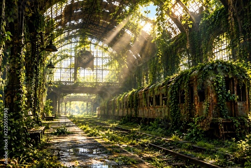Abandoned railway station reclaimed by nature, overgrown train covered in lush green vines and foliage. Post apocalyptic railway terminus with sunbeams breaking through shattered glass ceiling