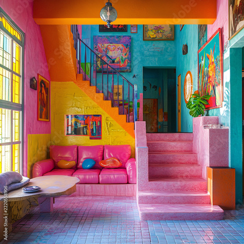 Vibrant and colorful interior room with stairs and couches.