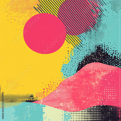 Vibrant, Colorful Abstract Art with Geometric Shapes and a Round Object