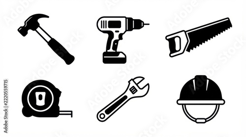 Hammer, drill, saw, measuring tape, wrench and safety helmet, professional vector illustration, pure black and white only, pure white background 