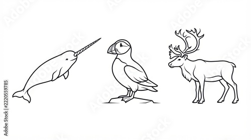 Lion, tiger, elephant, giraffe and zebra collection, professional vector illustration, pure black and white only, pure white background, bold outlines 
