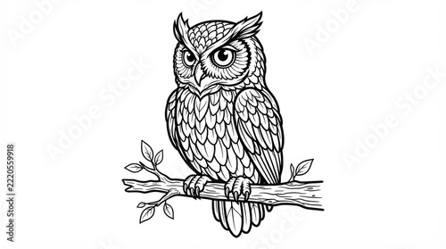 Owl Perched on a Branch, Wildlife Bird Illustration in Nature