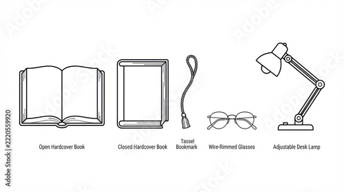 Open books, closed books, bookmark, reading glasses and reading lamp, elegant vector illustration, pure black and white only, pure white background