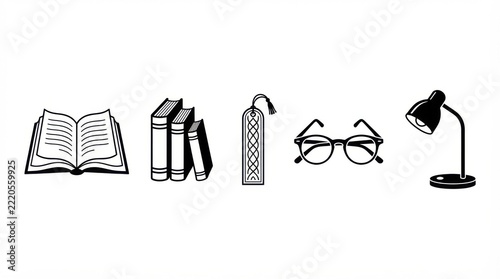 Open and Closed Books with Bookmark, Reading Glasses and Lamp, Black and White Vector Illustration