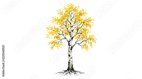 Isolated birch tree with yellow autumn leaves for seasonal graphic