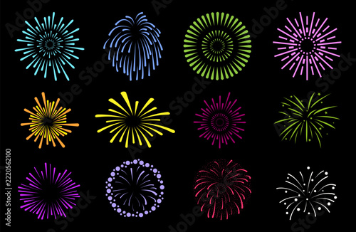 Colorful fireworks burst collection featuring twelve unique radial explosions, glowing lines, and sparkling shapes in vibrant neon colors on a black background vector stock illustration.