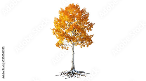 Isolated aspen tree with vibrant yellow autumn leaves and visible