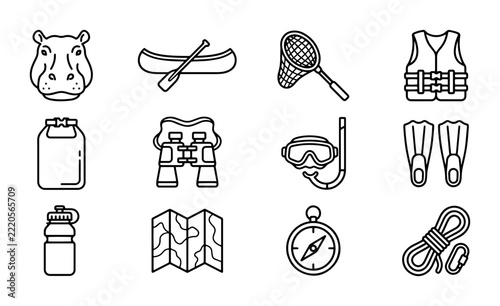 Outdoor Adventure Icons Set, Camping and Hiking Gear, Water Sports Equipment, Vector Graphics
