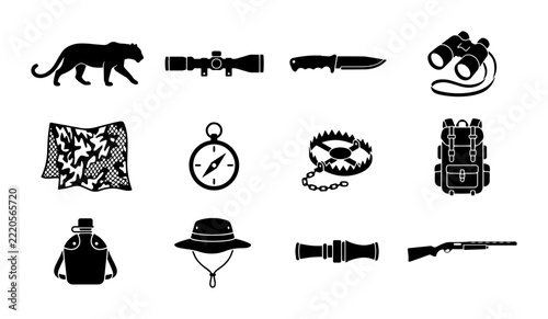 Hunting Gear Icons, Outdoor Adventure Equipment Set, Wildlife Tracking Tools