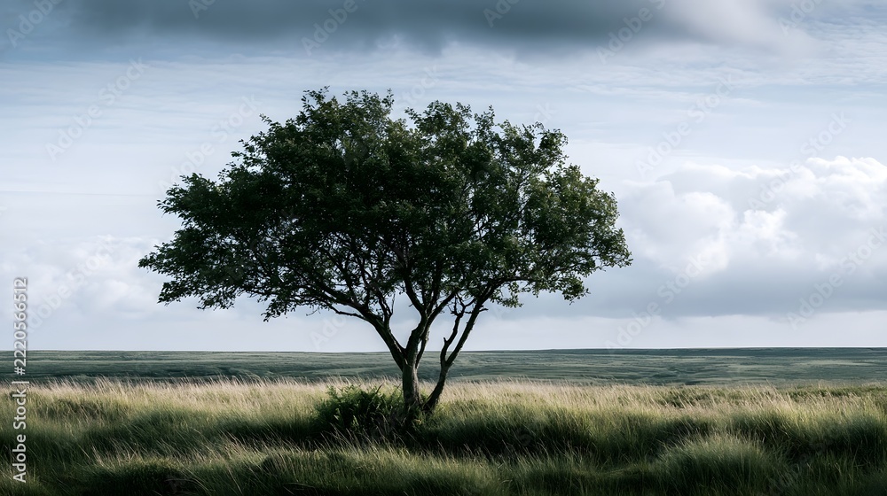 Fototapeta premium A lone tree stands tall in a vast grassy field under a dramatic cloudy sky showcasing natural resilience and serene landscape beauty