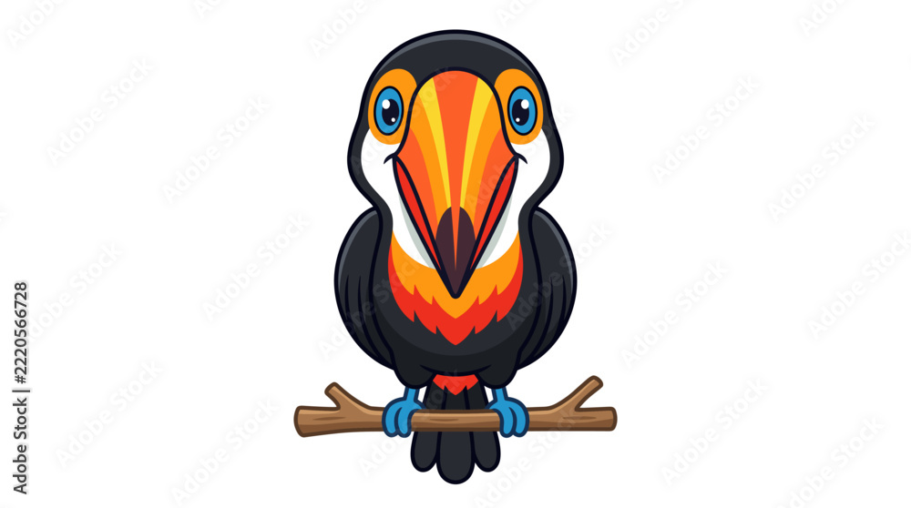 Fototapeta premium Colorful cartoon toucan illustration featuring a large orange and yellow beak, sitting on a wooden branch. Vibrant tropical bird character with blue eyes isolated on a white background.