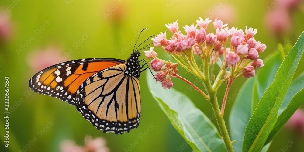 Obraz premium A monarch butterfly with distinctive black veins on its wings, perched on a milkweed plant in a lush meadow, butterfly life cycle, milkweed