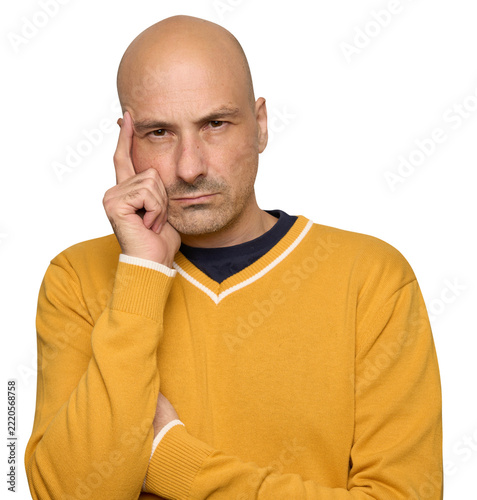 Bald Man in Yellow Sweater Thinking
