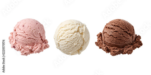 Three scoops of strawberry, vanilla, and chocolate ice cream isolated on a transparent background