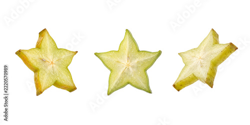 Three slices of fresh carambola star fruit isolated on a transparent background