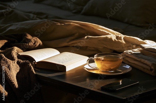 Close view of tea and an open book in a dark cozy bedroom in gentle morning light