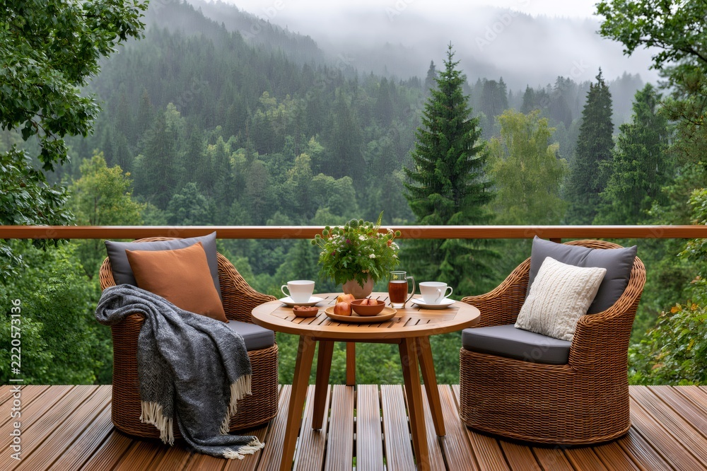 Fototapeta premium Cozy balcony furniture with forest mountain view