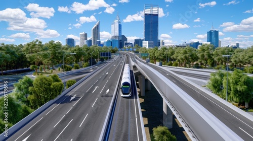 Modern Urban Landscape with Elevated Train System and Skyscrapers under Clear Blue Sky