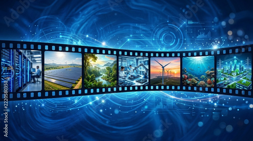 Collage of Futuristic Technology and Sustainable Living Scenes on a Film Strip Over Blue Digital Background