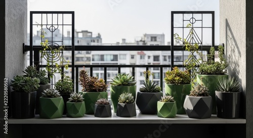 Collection of diverse succulents in modern geometric pots on a balcony urban cityscape background
